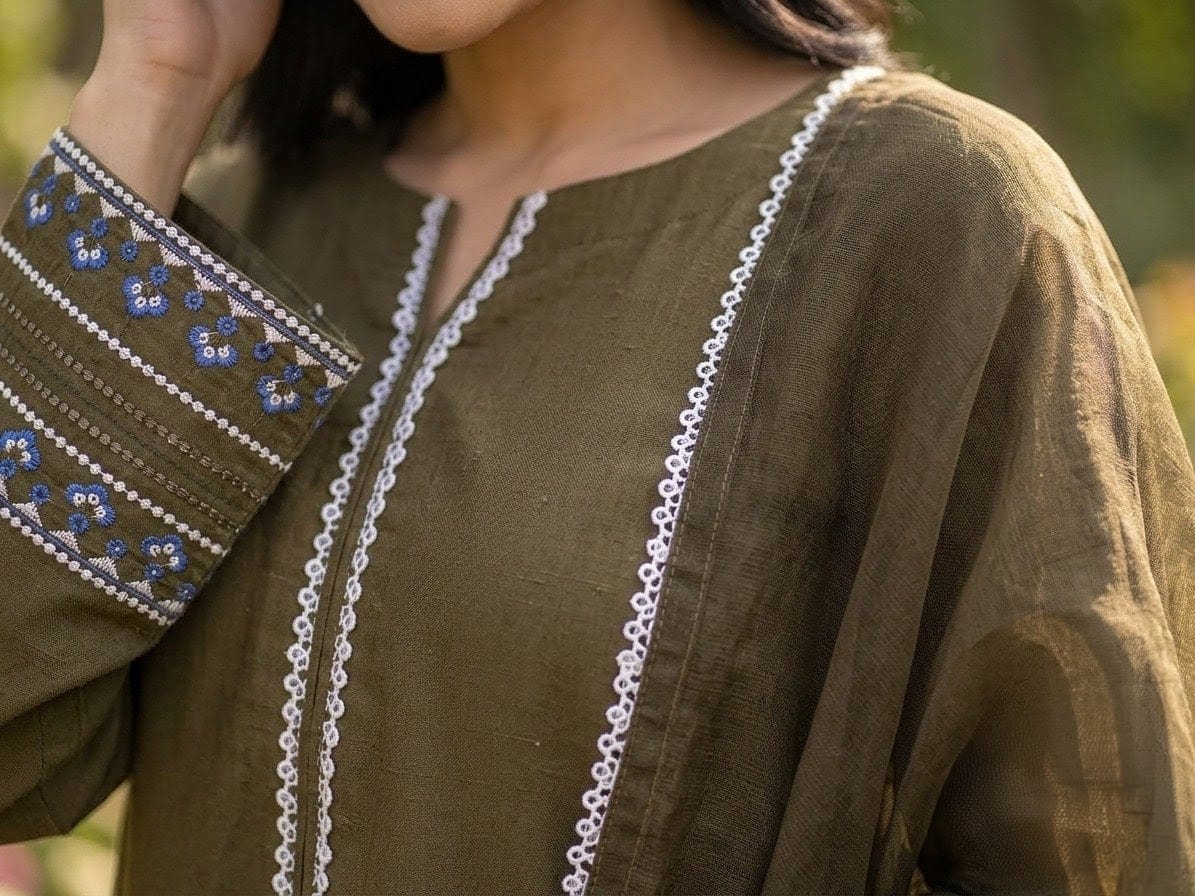 Dark Olive Green Embroidered 3-Piece Lawn Suit | Blue Floral & White Lace Embroidery