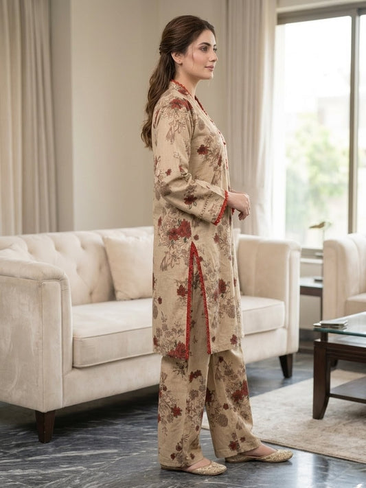 Beige Floral Printed 2-Piece Winter Co-Ord Set for Women