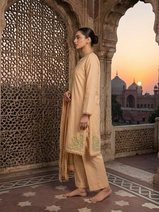 Elegant Peach Embroidered 3-Piece Women’s Suit with Dupatta