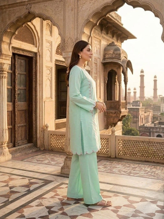 Elegant Mint Green Embroidered 2-Piece Women’s Suit