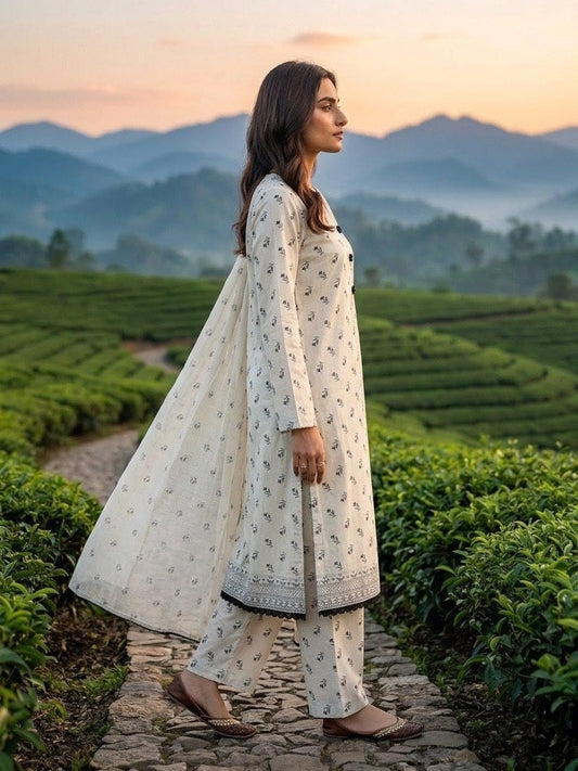 Elegant Ivory Printed 3-Piece Women’s Suit with Dupatta
