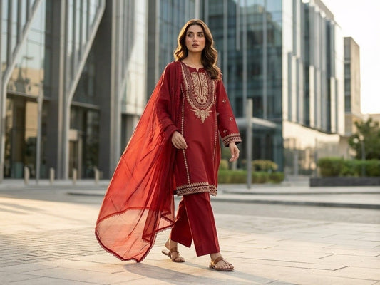Crimson Elegance — 3-Piece Embroidered Lawn Suit