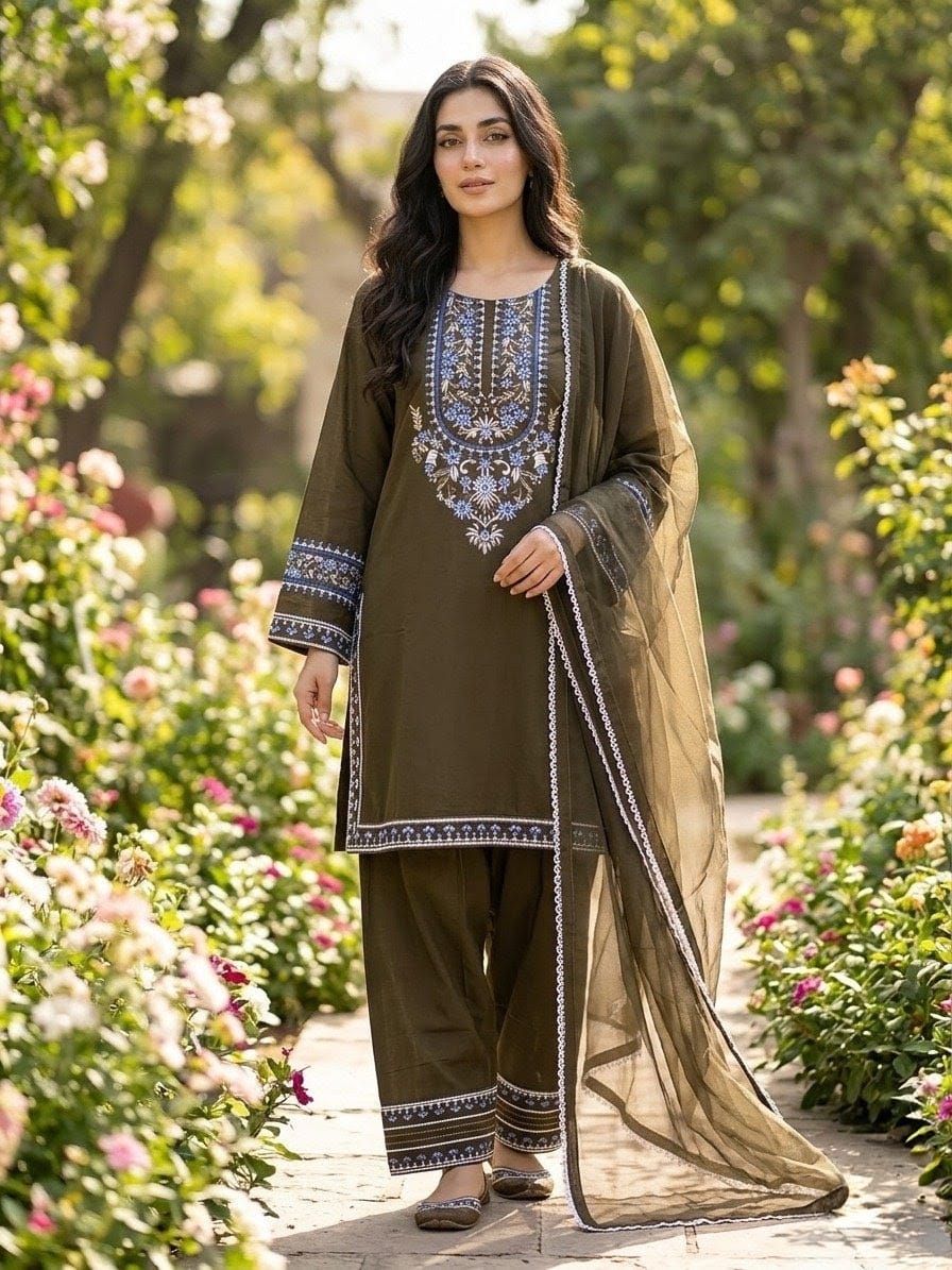 Dark Olive Green Embroidered 3-Piece Lawn Suit | Blue Floral & White Lace Embroidery