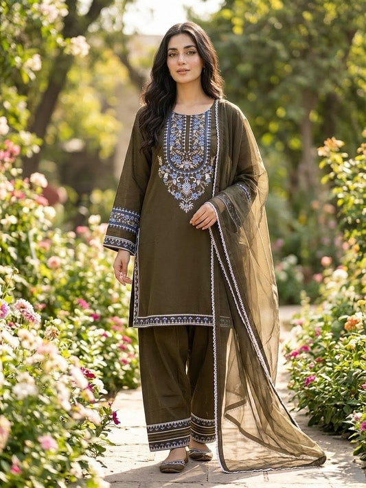 Dark Olive Green Embroidered 3-Piece Lawn Suit | Blue Floral & White Lace Embroidery