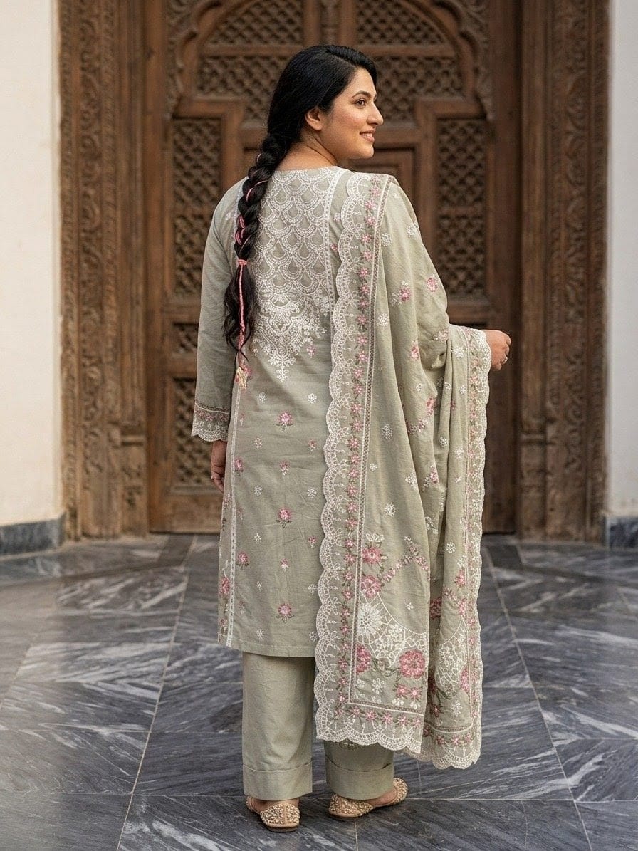 Sage Green Embroidered 3-Piece Lawn Suit | White Lace & Pink Floral Embroidery