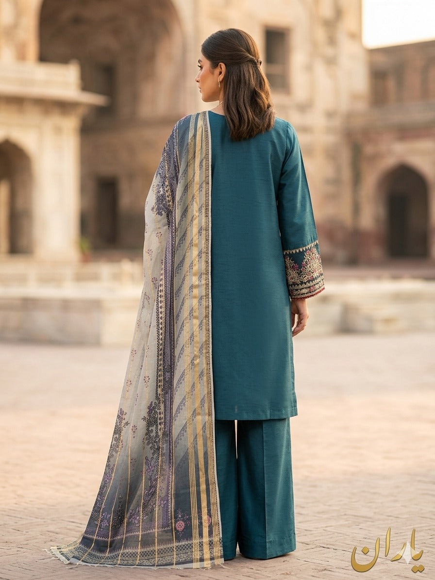 Teal Blue Embroidered 3-Piece Suit | Gold Zari Paisley & Multi-Color Floral Embroidery with Printed Dupatta