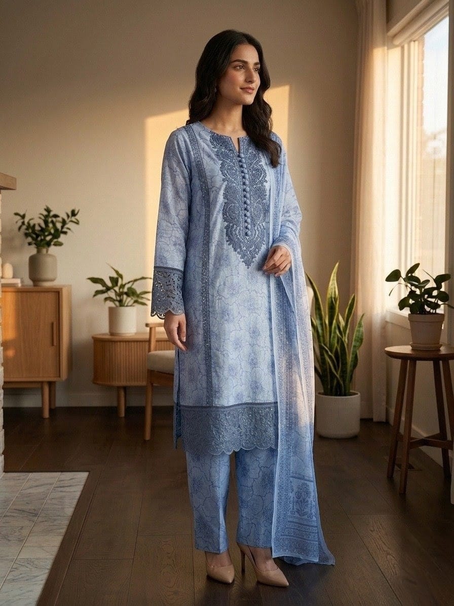 Azure Bloom — 3-Piece Printed & Embroidered Lawn Suit
