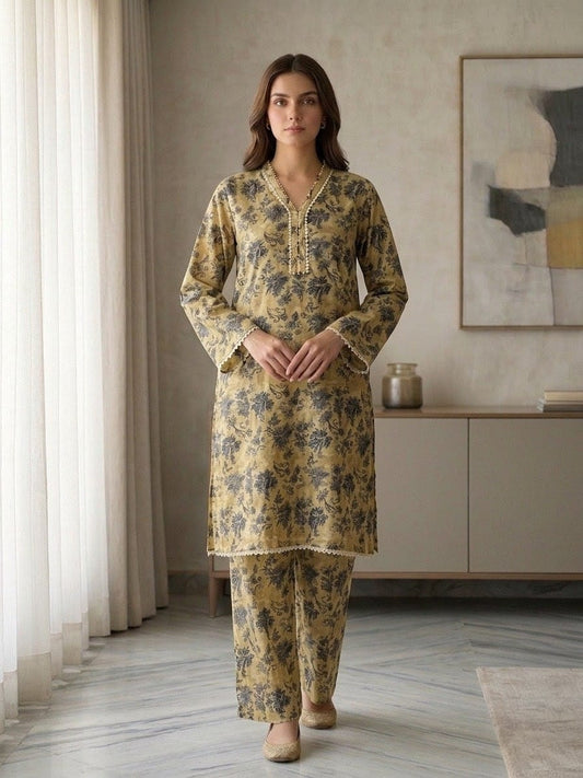 Mustard Floral Printed 2-Piece Pret Suit for Women