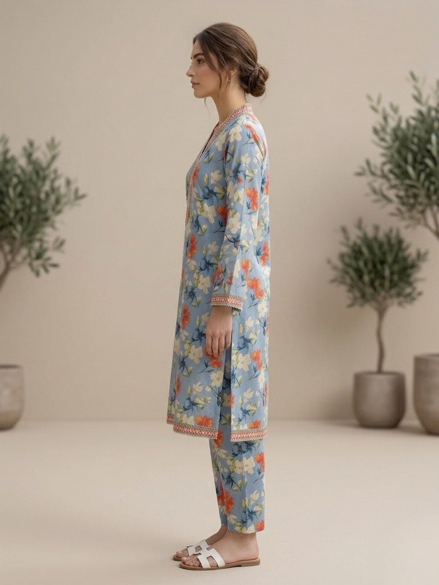 Blue Floral Printed Linen Two-Piece Kurta Set