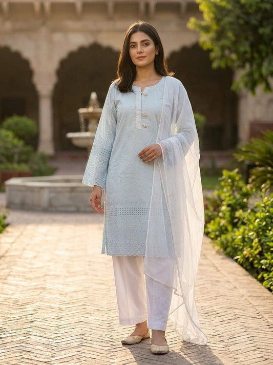 Ice Blue Chikankari 3-Piece Lawn Suit | White Eyelet Lace Cuffs & Pearl Buttons with Organza Dupatta