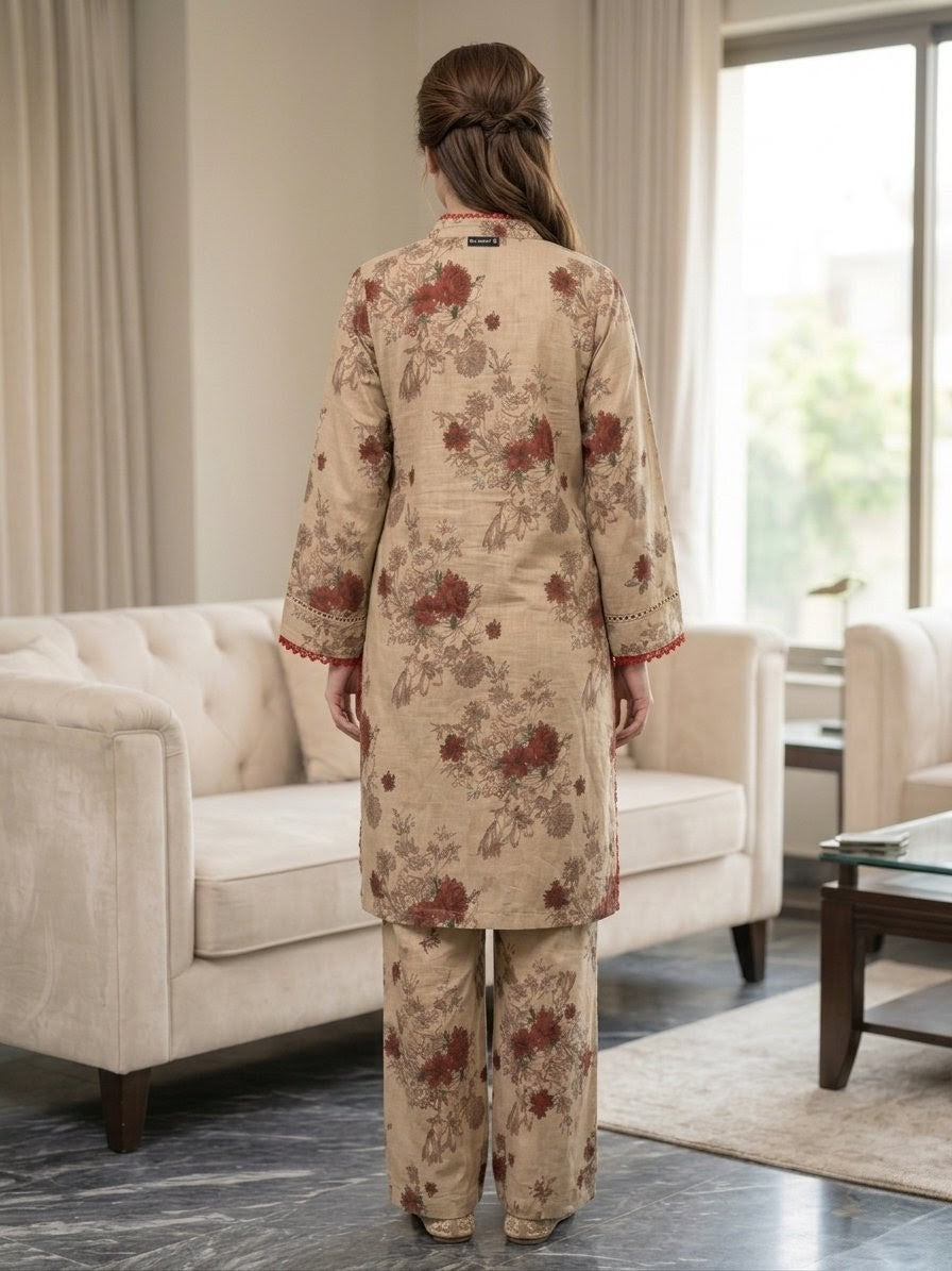 Beige Floral Printed 2-Piece Winter Co-Ord Set for Women