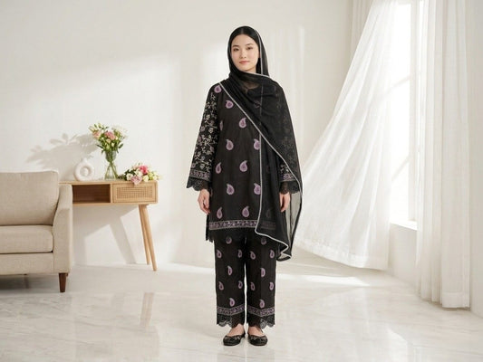 Black Embroidered 3-Piece Lawn Suit | Purple Paisley & Floral Embroidery with Lace Hem