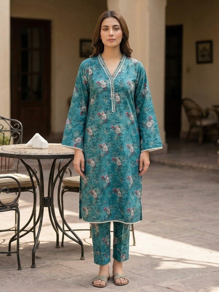 Teal Floral Printed 2-Piece Pret Suit for Women