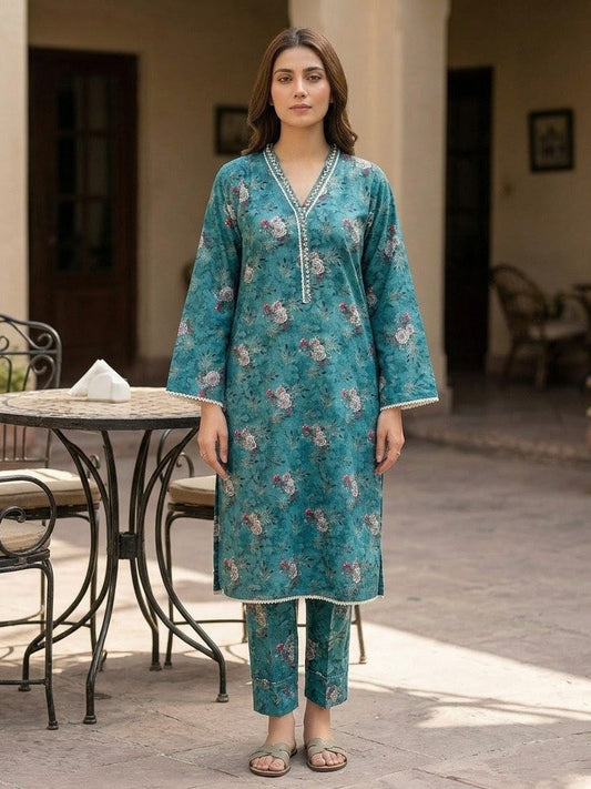Teal Floral Printed 2-Piece Pret Suit for Women