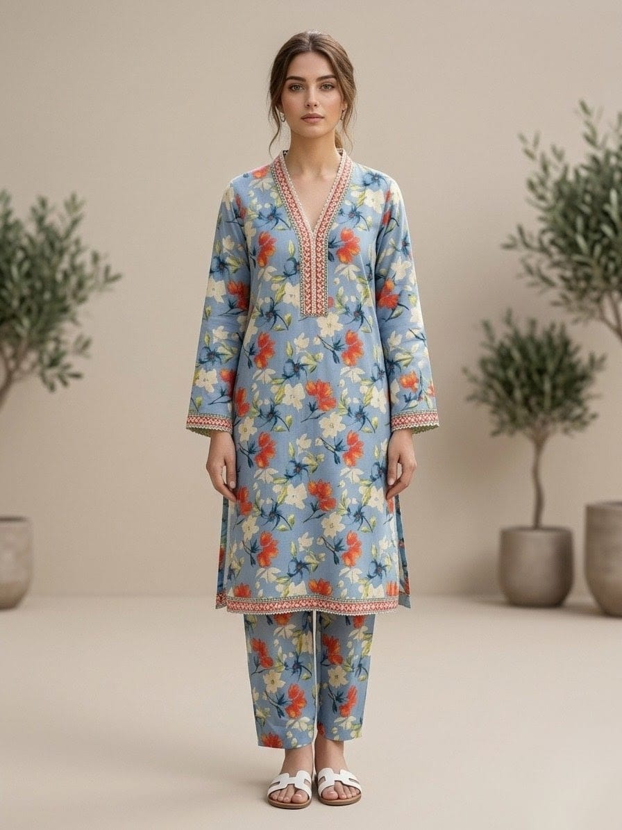 Blue Floral Printed Linen Two-Piece Kurta Set