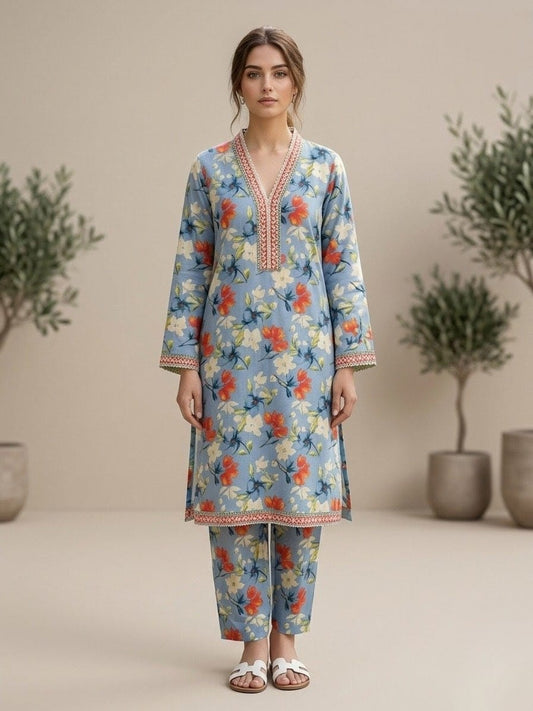Blue Floral Printed Linen Two-Piece Kurta Set