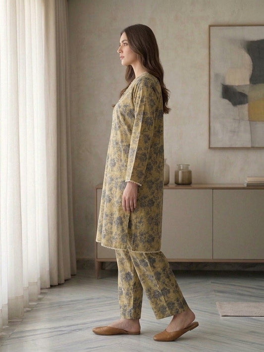 Mustard Floral Printed 2-Piece Pret Suit for Women