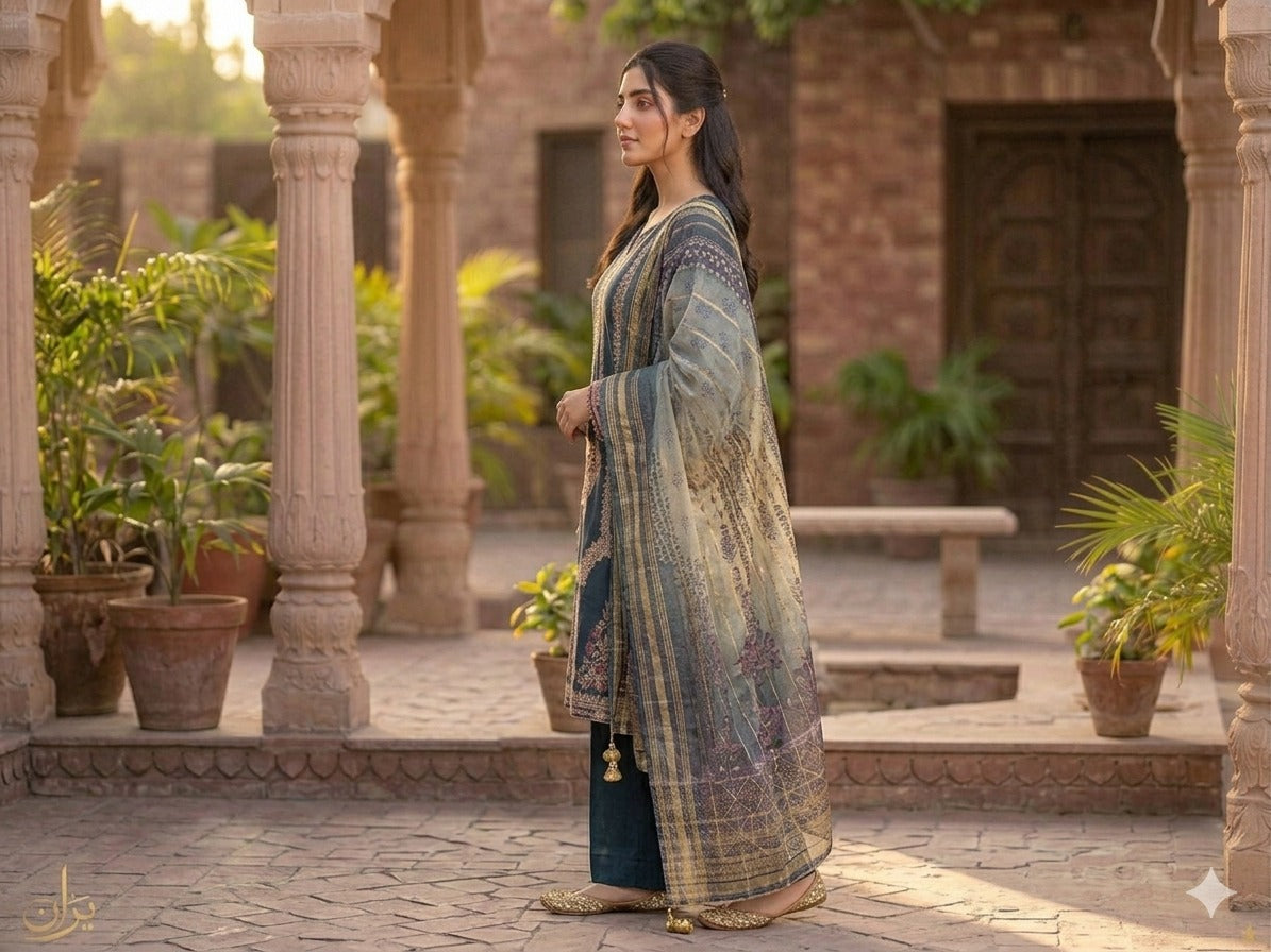 Teal Blue Embroidered 3-Piece Suit | Gold Zari Paisley & Multi-Color Floral Embroidery with Printed Dupatta