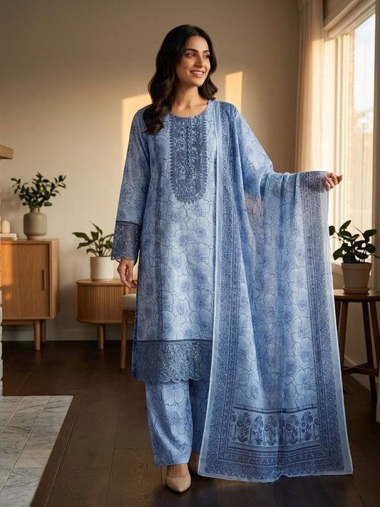 Azure Bloom — 3-Piece Printed & Embroidered Lawn Suit