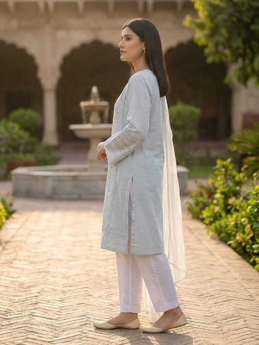 Ice Blue Chikankari 3-Piece Lawn Suit | White Eyelet Lace Cuffs & Pearl Buttons with Organza Dupatta