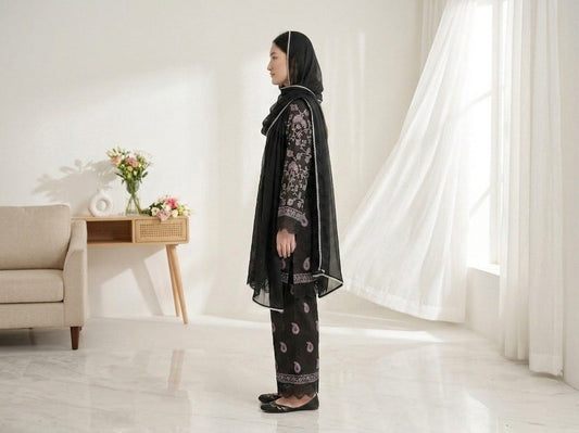 Black Embroidered 3-Piece Lawn Suit | Purple Paisley & Floral Embroidery with Lace Hem