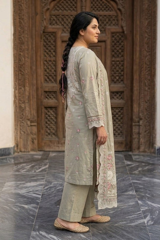Sage Green Embroidered 3-Piece Lawn Suit | White Lace & Pink Floral Embroidery