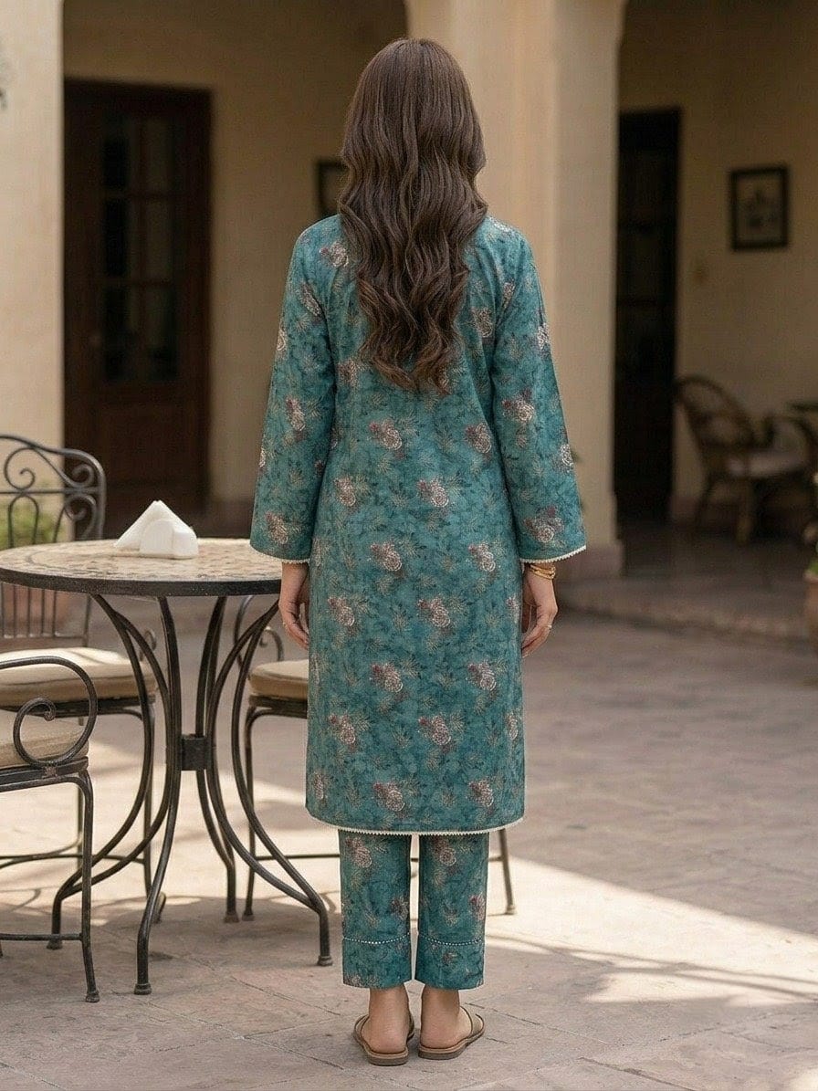 Teal Floral Printed 2-Piece Pret Suit for Women