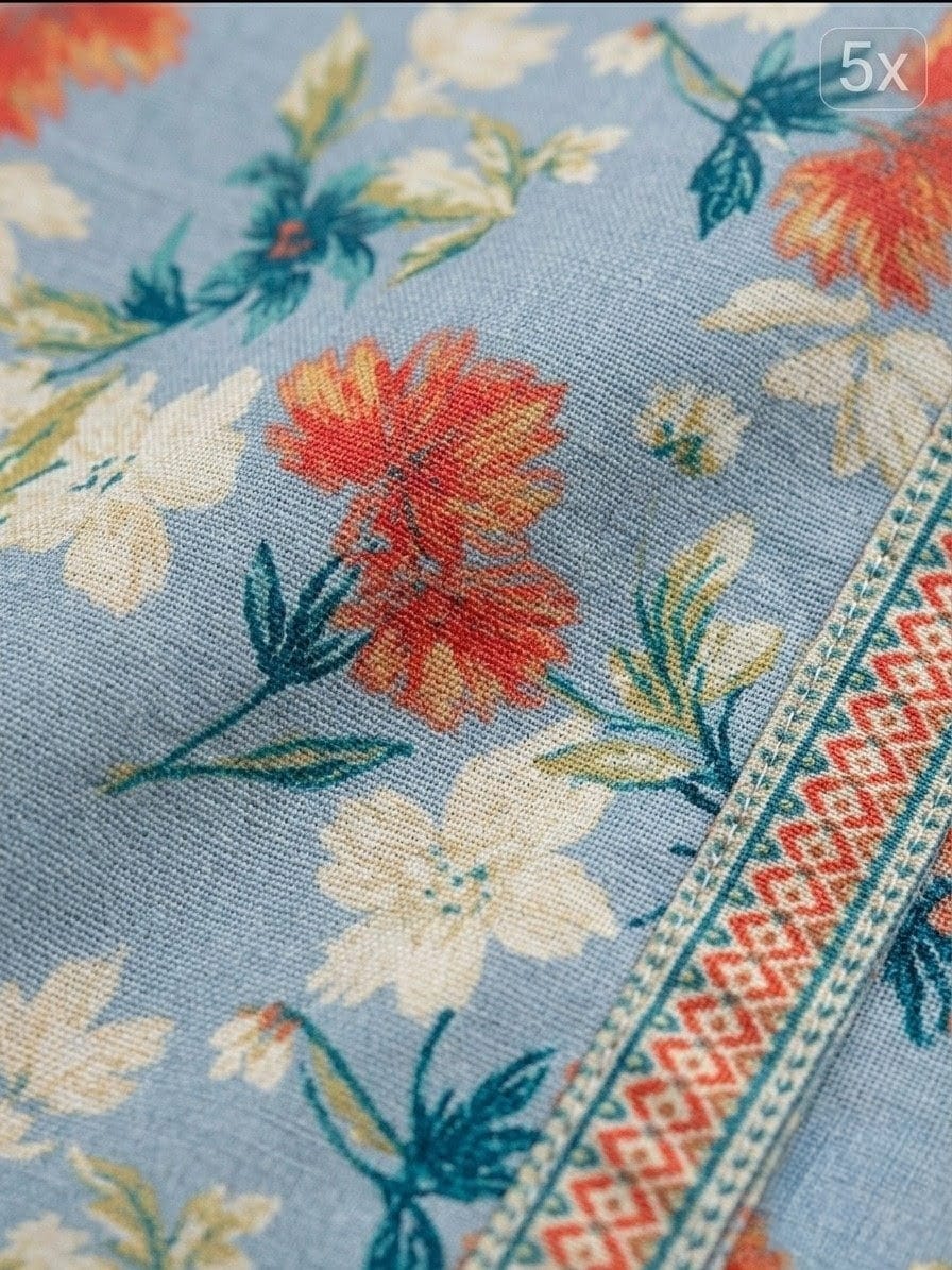 Blue Floral Printed Linen Two-Piece Kurta Set