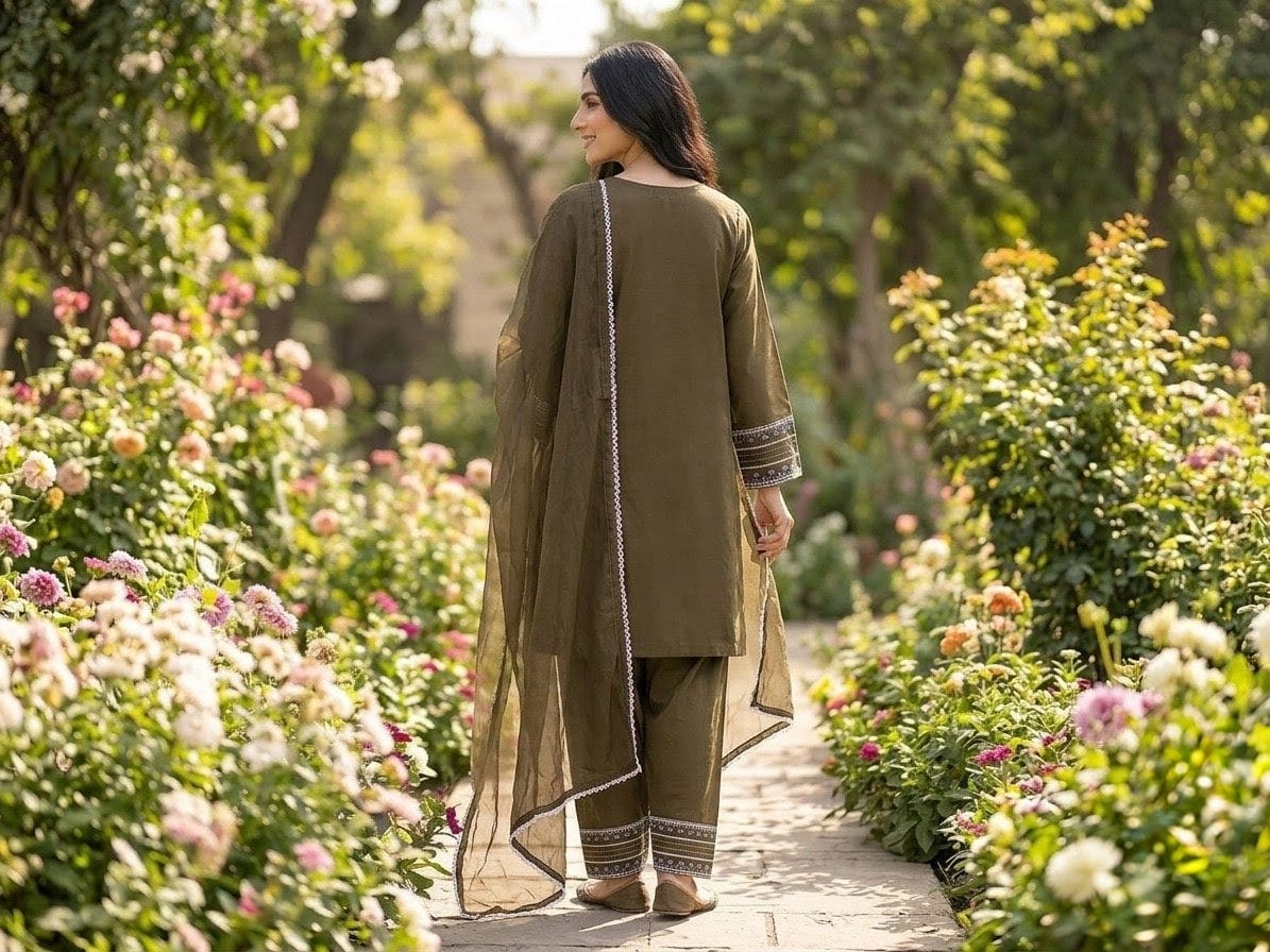 Dark Olive Green Embroidered 3-Piece Lawn Suit | Blue Floral & White Lace Embroidery
