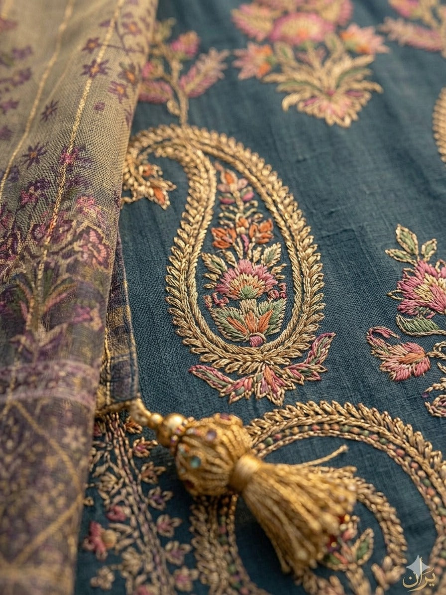 Teal Blue Embroidered 3-Piece Suit | Gold Zari Paisley & Multi-Color Floral Embroidery with Printed Dupatta
