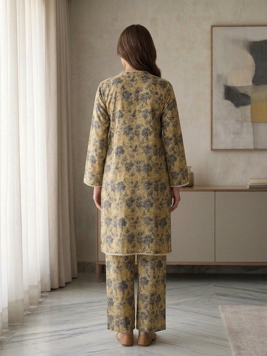 Mustard Floral Printed 2-Piece Pret Suit for Women