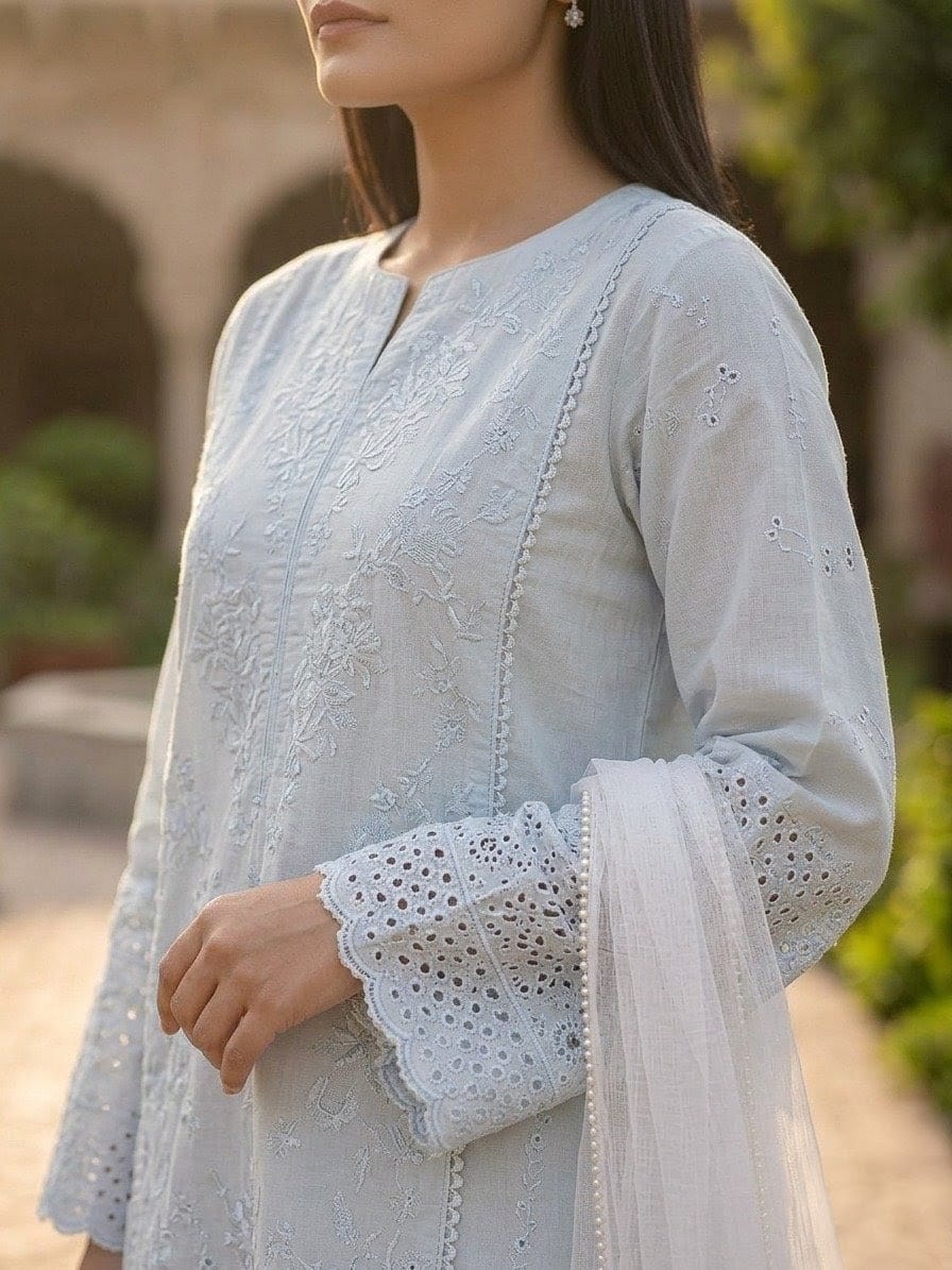 Ice Blue Chikankari 3-Piece Lawn Suit | White Eyelet Lace Cuffs & Pearl Buttons with Organza Dupatta