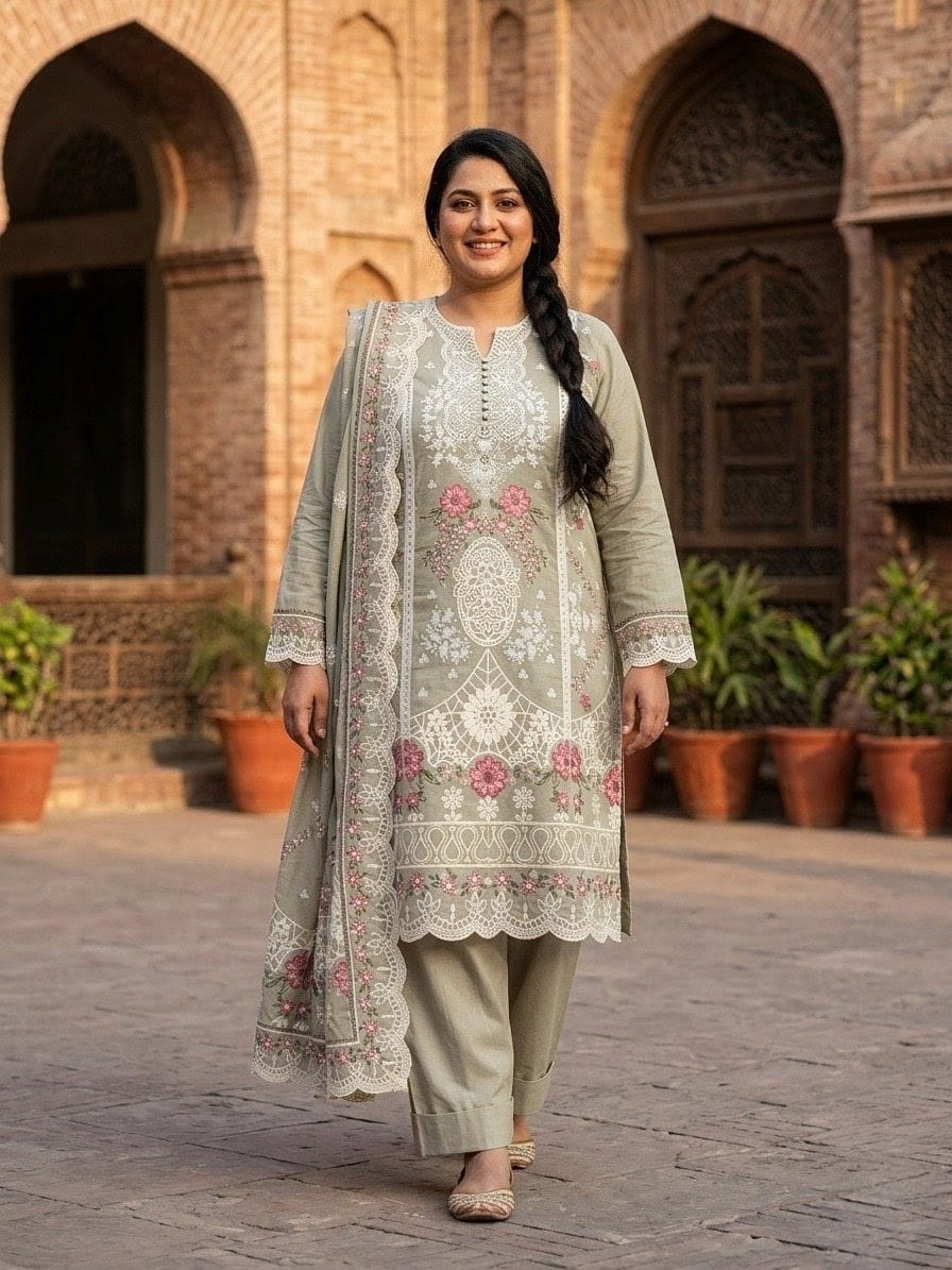 Sage Green Embroidered 3-Piece Lawn Suit | White Lace & Pink Floral Embroidery