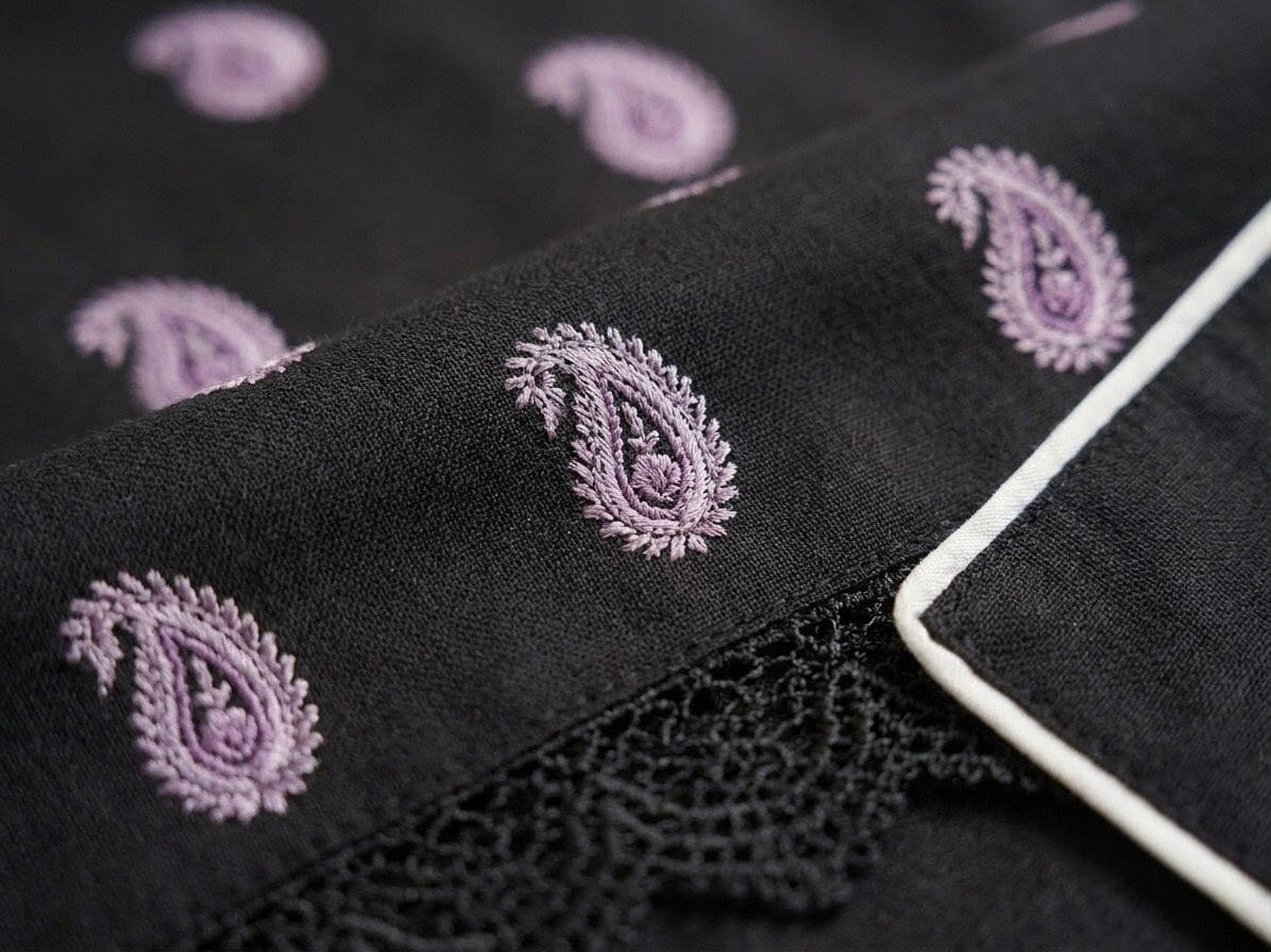 Black Embroidered 3-Piece Lawn Suit | Purple Paisley & Floral Embroidery with Lace Hem