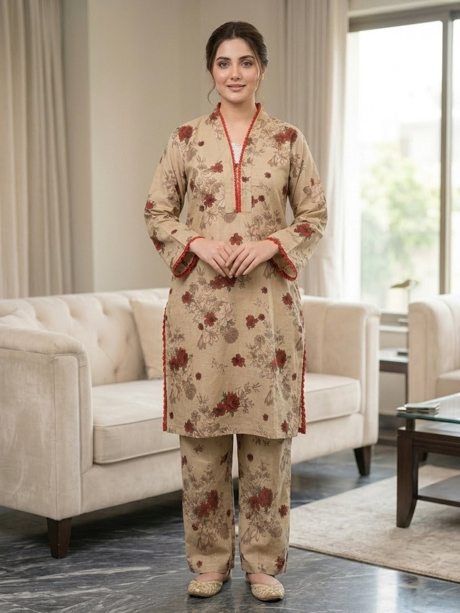 Beige Floral Printed 2-Piece Winter Co-Ord Set for Women