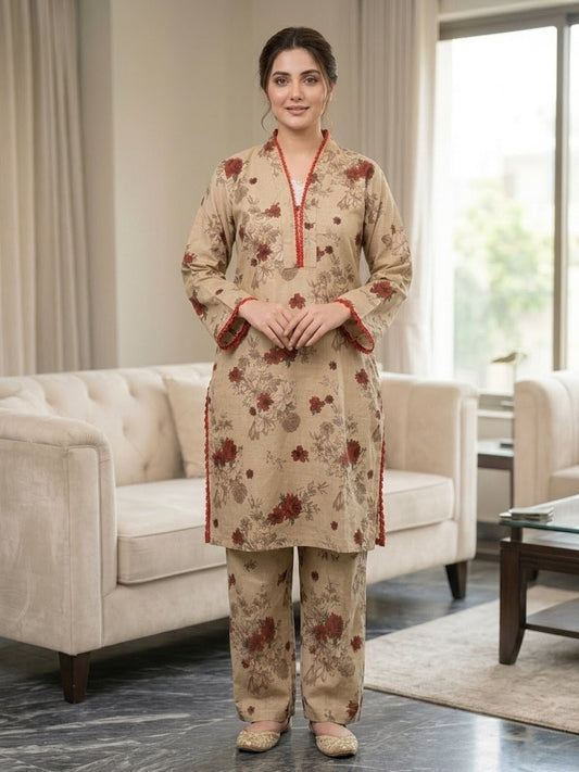 Beige Floral Printed 2-Piece Winter Co-Ord Set for Women