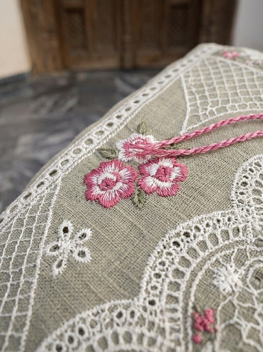 Sage Green Embroidered 3-Piece Lawn Suit | White Lace & Pink Floral Embroidery