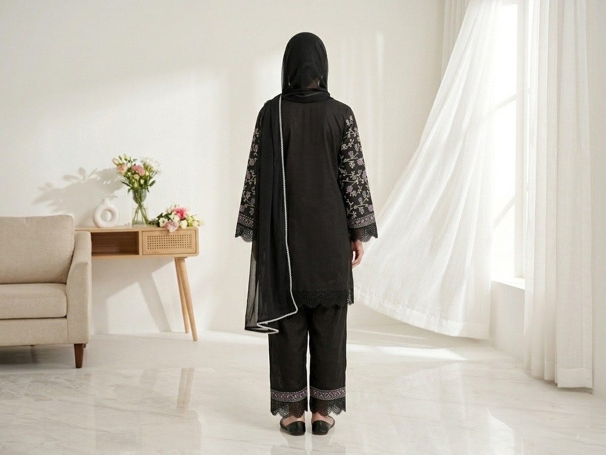 Black Embroidered 3-Piece Lawn Suit | Purple Paisley & Floral Embroidery with Lace Hem
