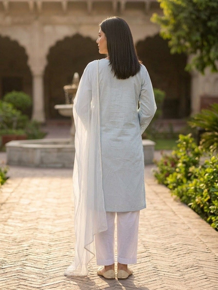 Ice Blue Chikankari 3-Piece Lawn Suit | White Eyelet Lace Cuffs & Pearl Buttons with Organza Dupatta