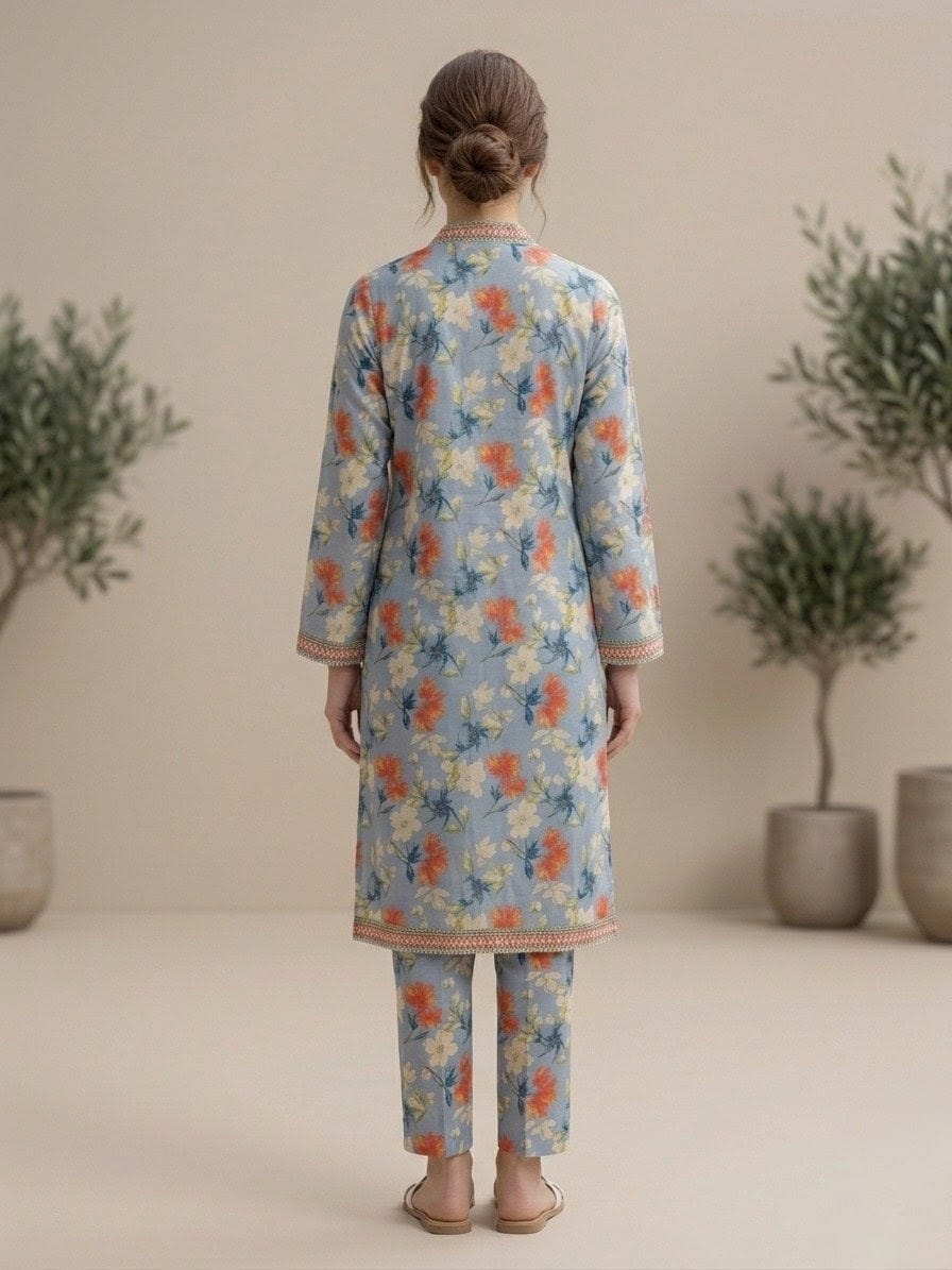 Blue Floral Printed Linen Two-Piece Kurta Set