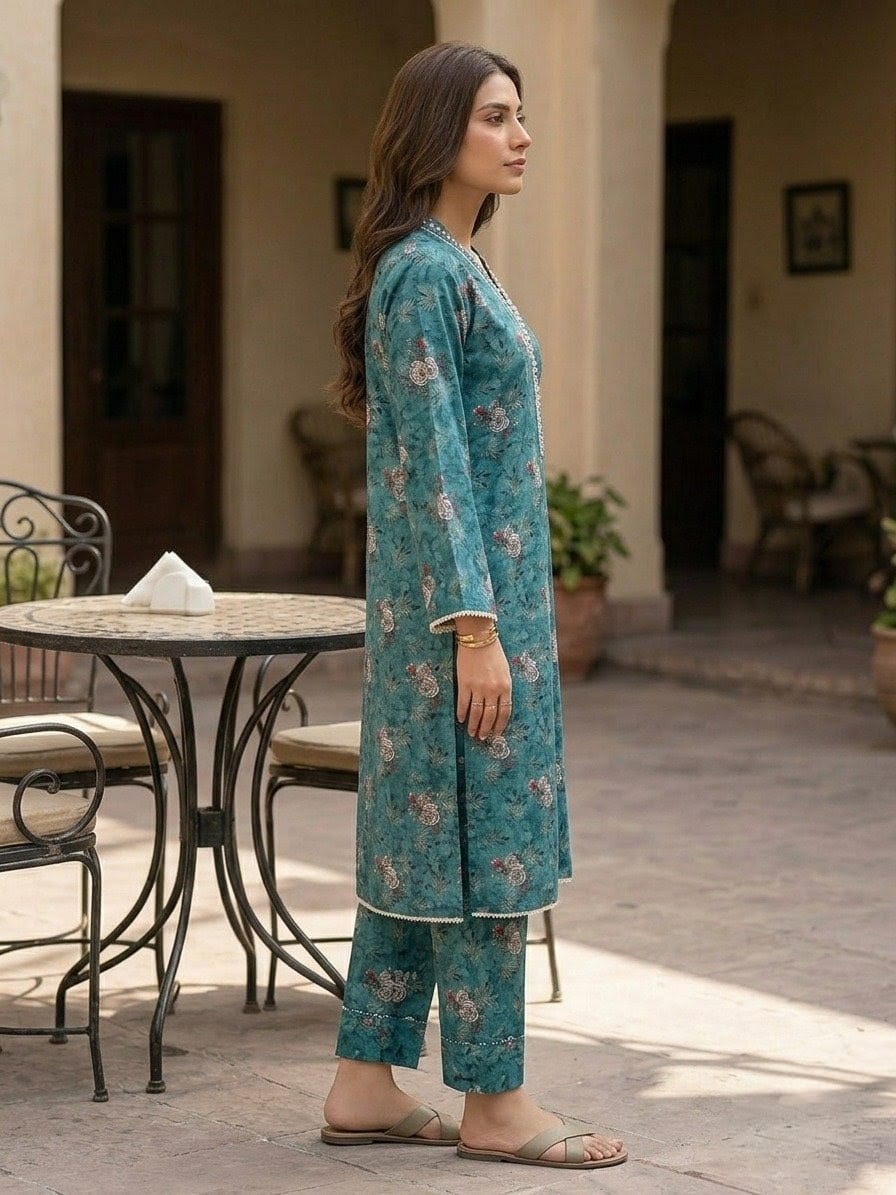 Teal Floral Printed 2-Piece Pret Suit for Women