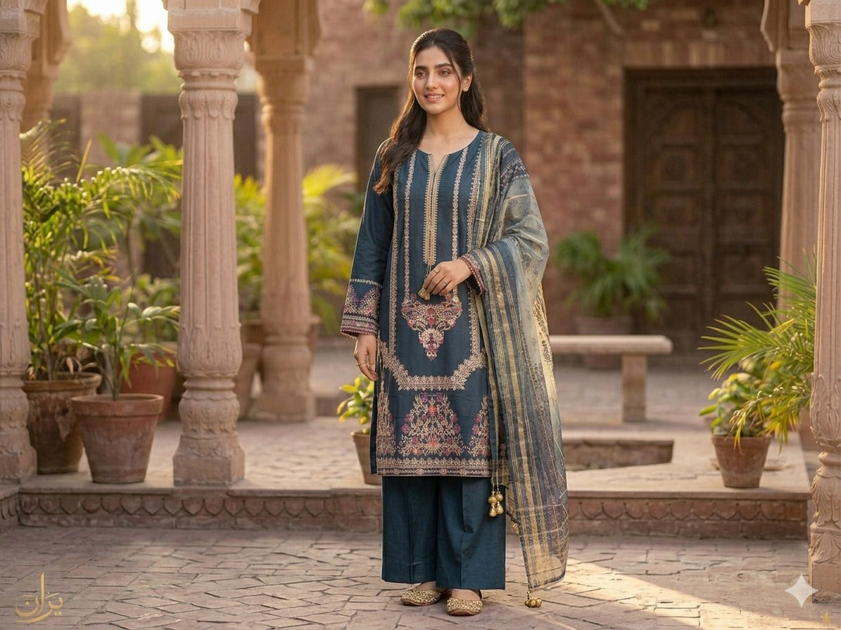 Teal Blue Embroidered 3-Piece Suit | Gold Zari Paisley & Multi-Color Floral Embroidery with Printed Dupatta