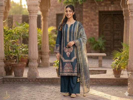 Teal Blue Embroidered 3-Piece Suit | Gold Zari Paisley & Multi-Color Floral Embroidery with Printed Dupatta
