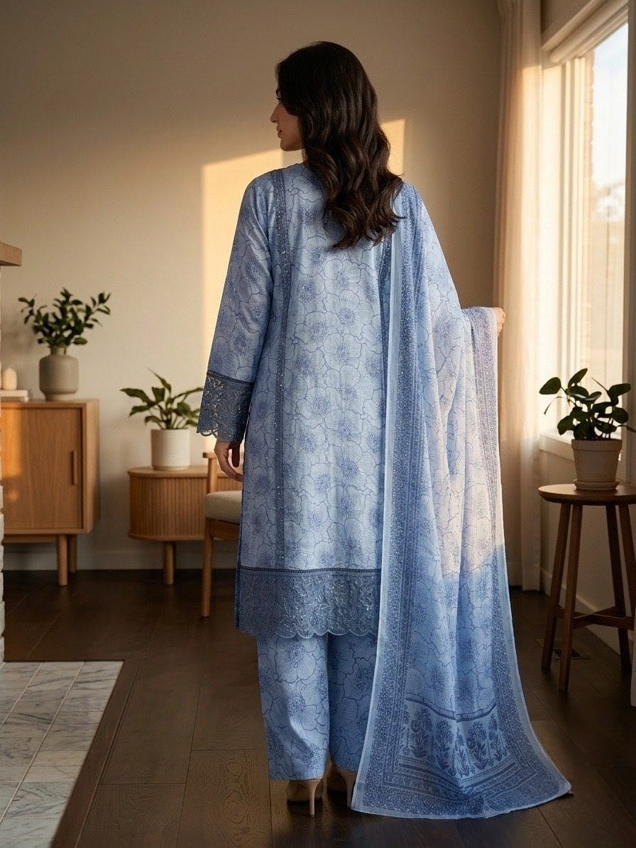 Azure Bloom — 3-Piece Printed & Embroidered Lawn Suit