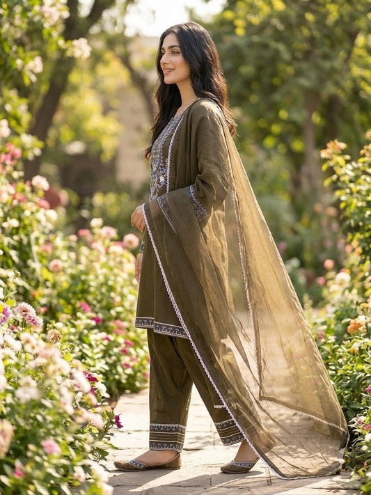 Dark Olive Green Embroidered 3-Piece Lawn Suit | Blue Floral & White Lace Embroidery