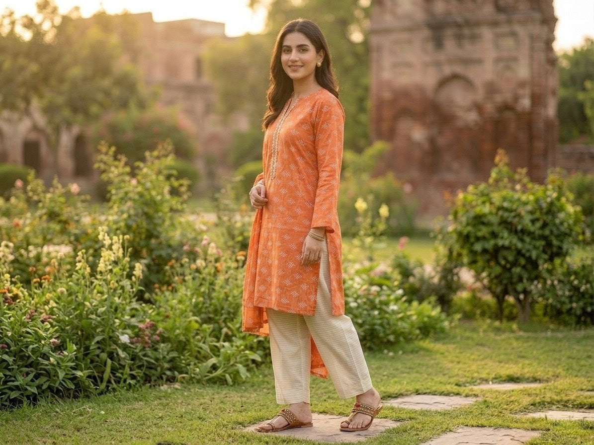 Rust Orange Geometric Print 2-Piece Lawn Suit