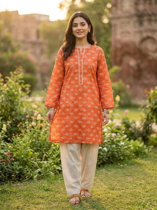 Rust Orange Geometric Print 2-Piece Lawn Suit