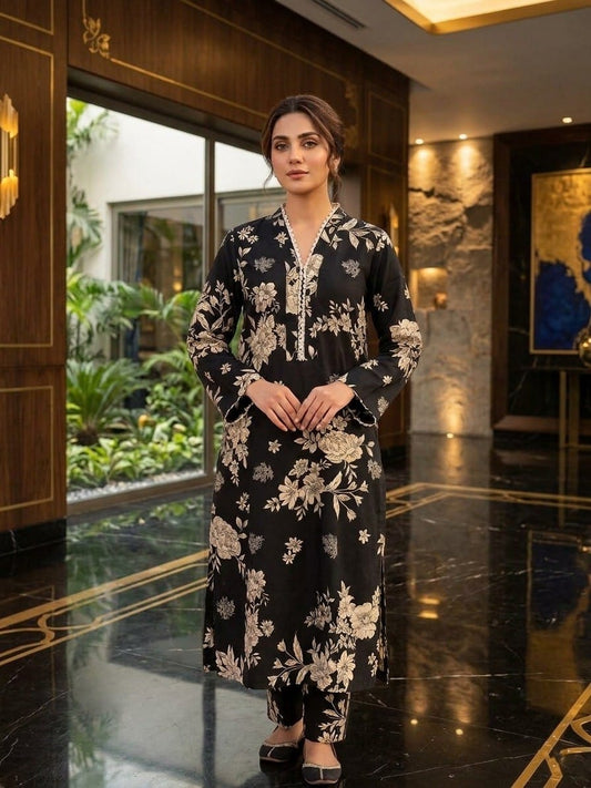 Elegant Black Floral Printed 2-Piece Women’s Suit