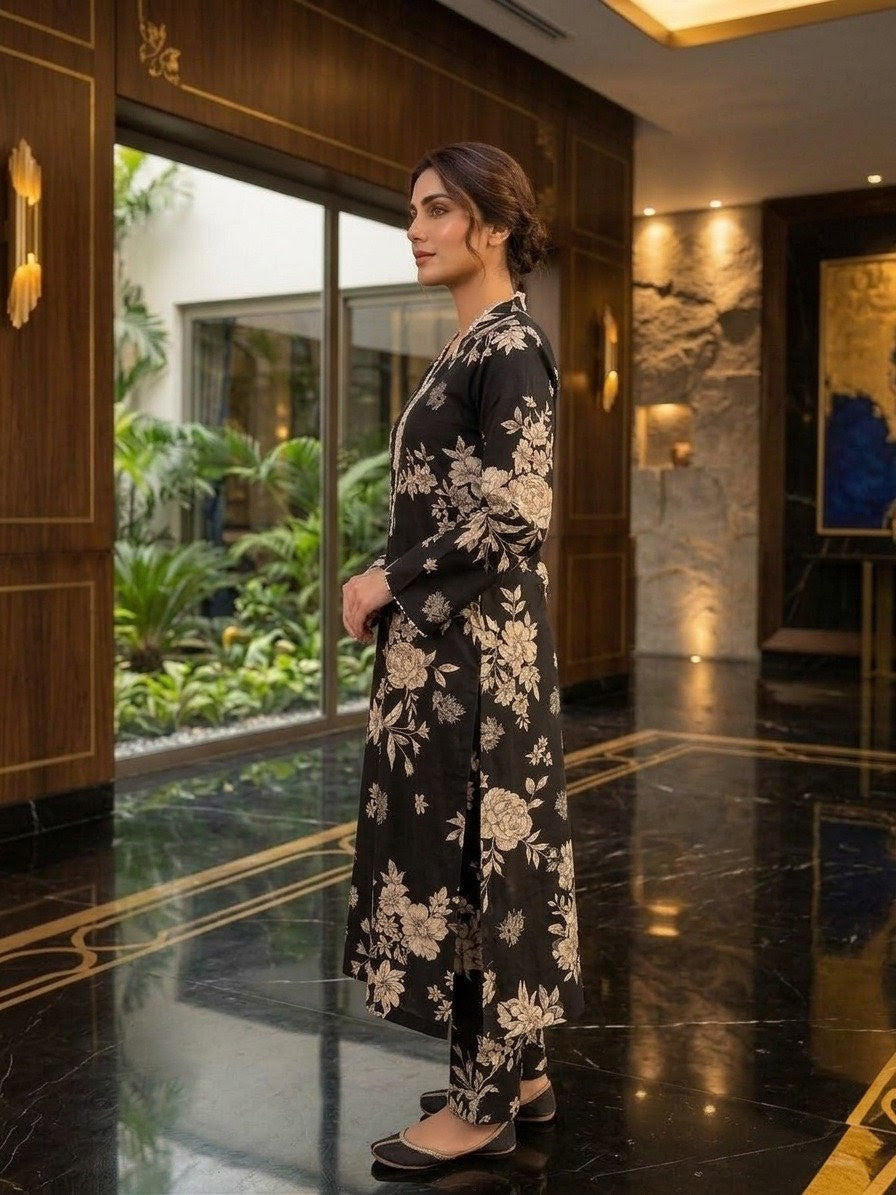Elegant Black Floral Printed 2-Piece Women’s Suit