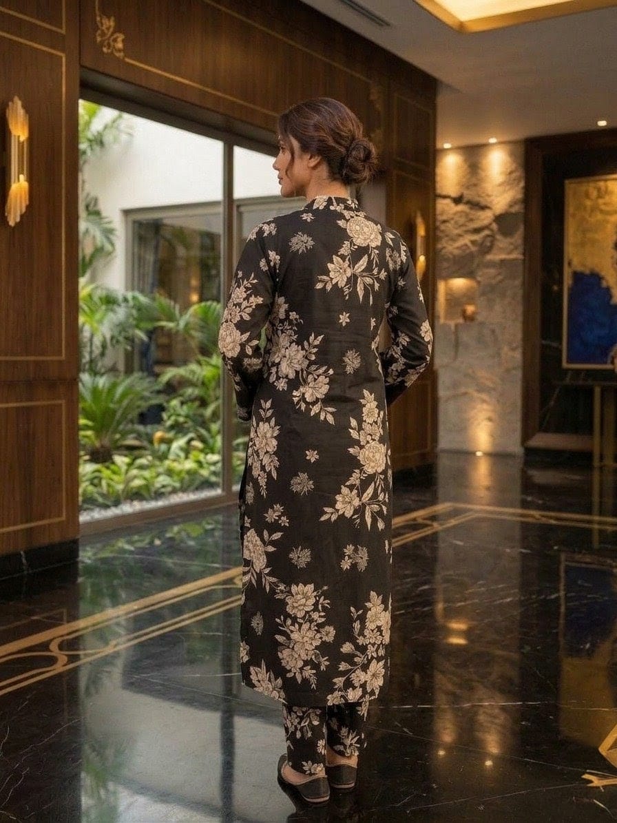 Elegant Black Floral Printed 2-Piece Women’s Suit